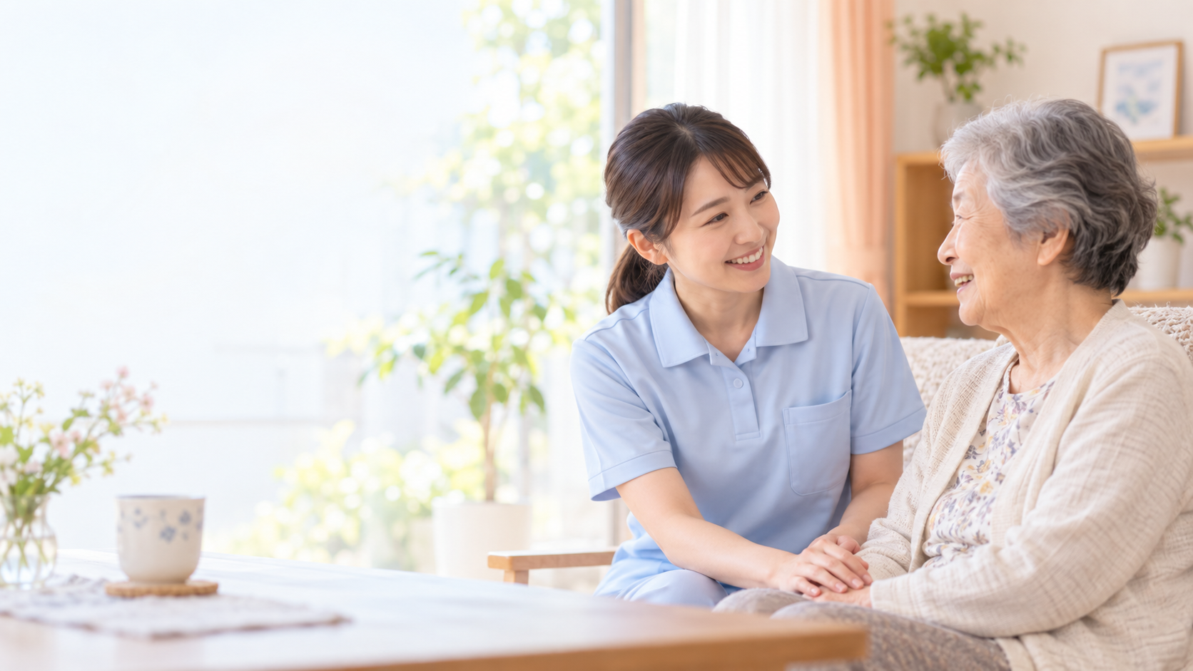ご自宅で高齢の方に寄り添う訪問介護スタッフ